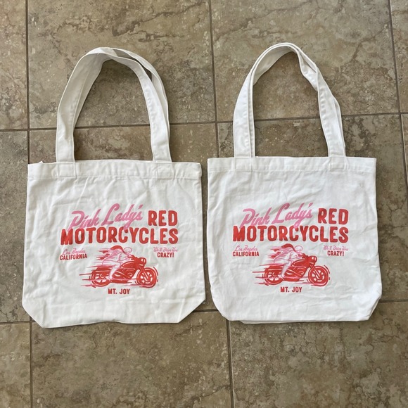 Mt. Joy Handbags - Mt Joy Pink Ladys Red Motorcycles Tote Bag White Graphic Canvas Band Merch